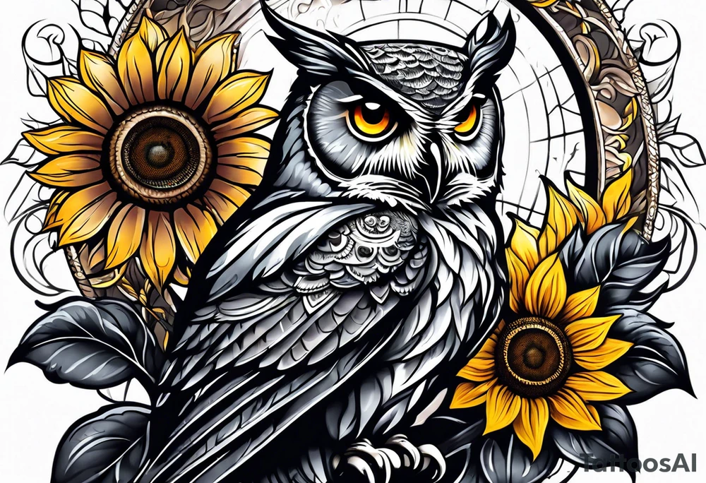 Owl and sunflower sleeve tattoo idea
