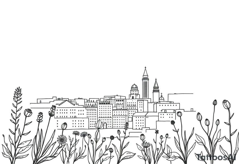 Barcelona cityscape, Spanish plants, leg sleeve tattoo idea