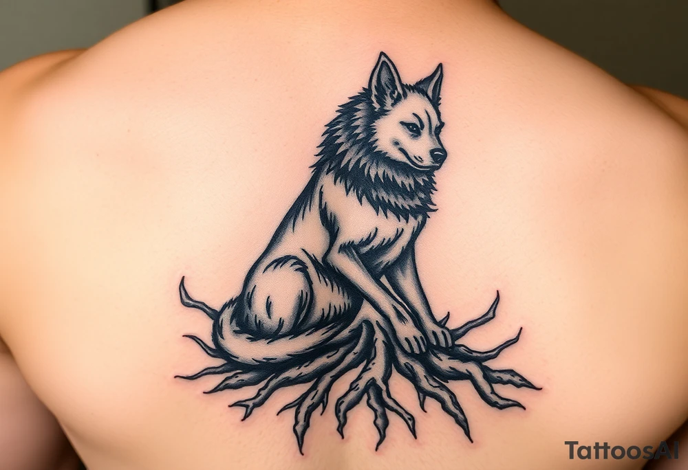 Powerful dark side black woof, sitting with roots, waiting to be unleashed tattoo idea