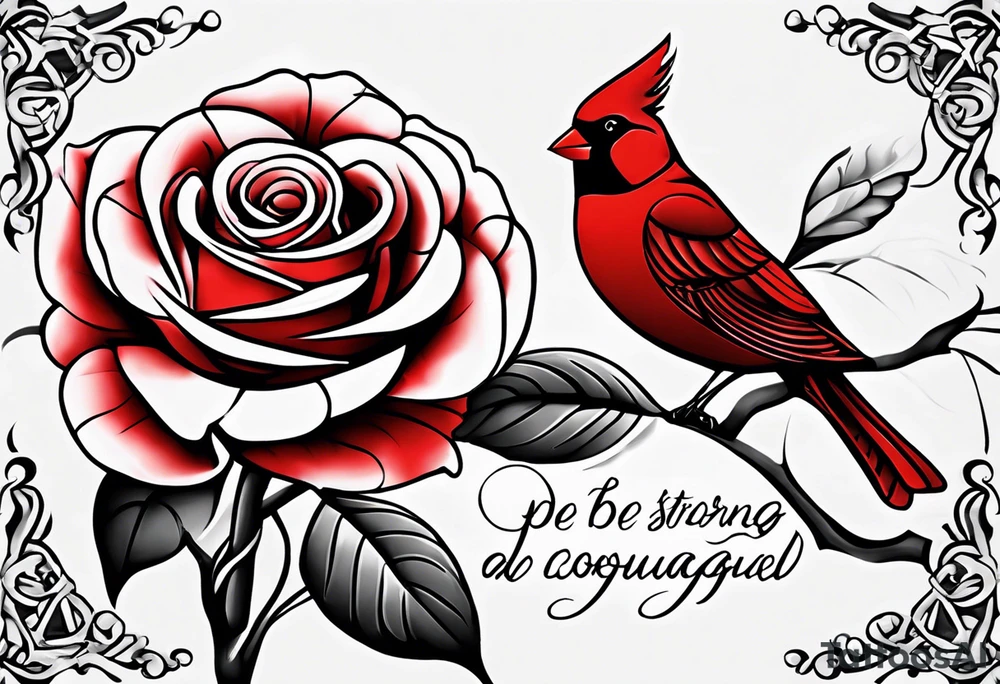 Put Be strong And courageous Do be afraid;  Do not be discouraged  for the lord your god will be with you whenever you go Joshua 1:9 and For god so loved the world that he gave his one and only son that whoever believes in him shall not perish but have eternal. With a red rose and a red cardinal make a sleeve tattoo idea