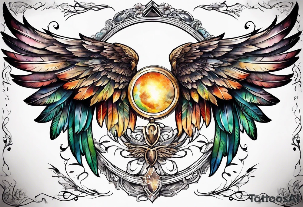 a pair of wings with a halo above them tattoo idea