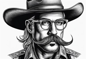 Wire rim glasses with a cowboy hat and large handlebar mustache tattoo idea