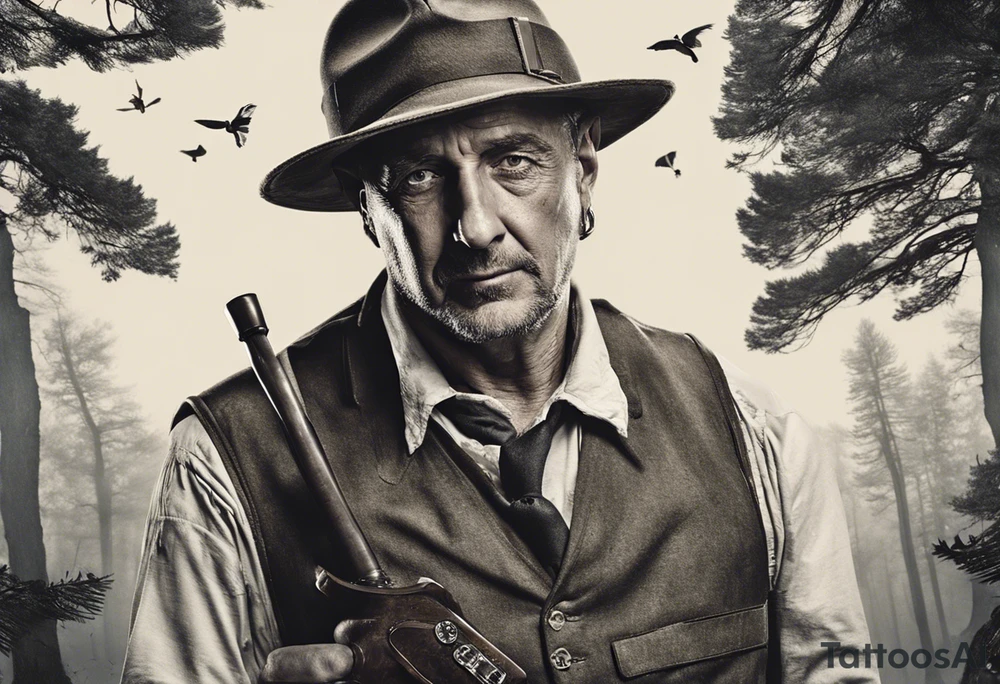 Le tattoo doit intégrer, un paysage montagneux et forêt, une horloge à 21h44.
Il faut aussi une pellicule de cinéma déroulée. Un vieux chapeau de l'armée italienne. avec une main de poker gagnante. Un jeu de carte de poker tattoo idea
