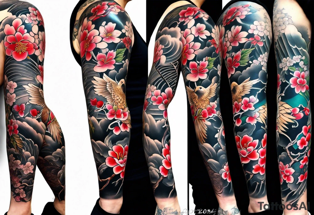 traditional style
full leg sleeve with one hawk and cherry blossoms tattoo idea