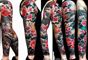 traditional style
full leg sleeve with one hawk and cherry blossoms tattoo idea