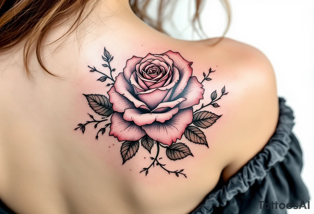 Single rose with 1982 as the stem if the rose with queen if heaetz and crown around or on top of rose with vines and thorns on sholder tattoo idea