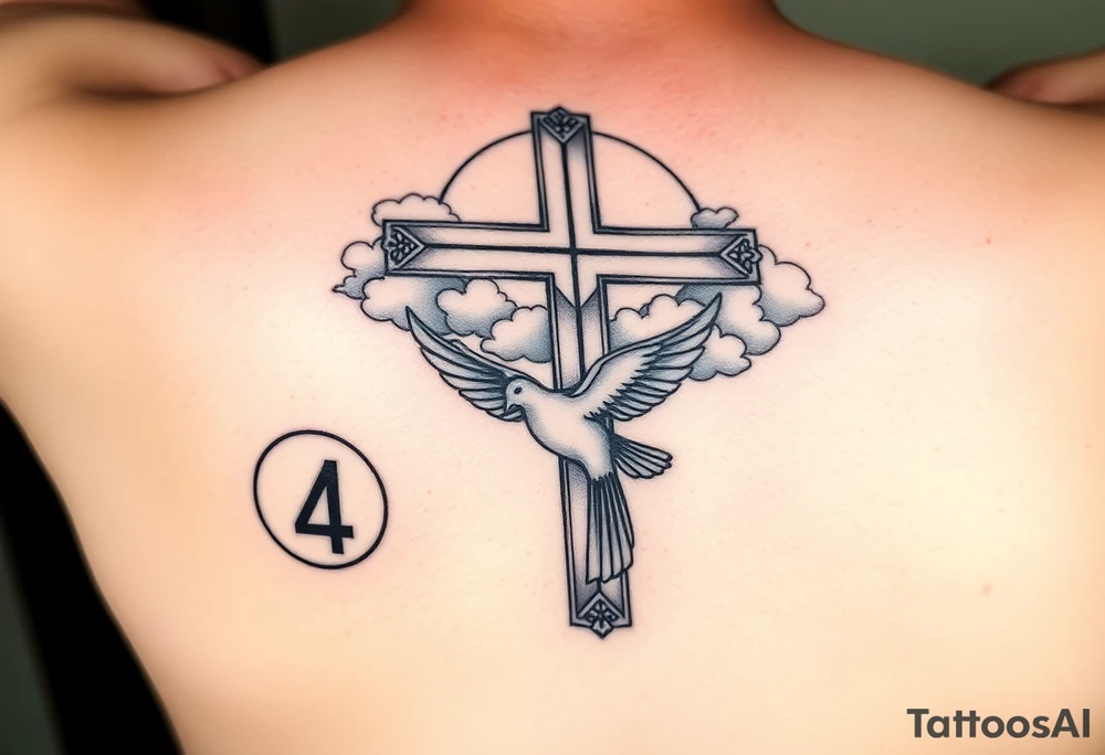Big cross with clouds in the back with a dove a the bottom left of the forearm with a blue circle around it and the number 4 to the of the dove. all on forearm tattoo idea