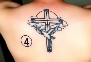 Big cross with clouds in the back with a dove a the bottom left of the forearm with a blue circle around it and the number 4 to the of the dove. all on forearm tattoo idea
