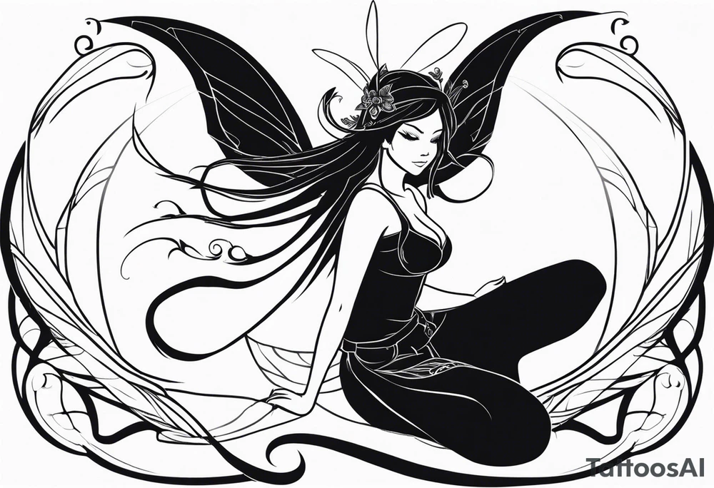 A fairy with a tail inspired by the logo of the show called Fairy Tail leaning in with her body tattoo idea