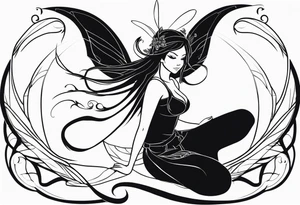 A fairy with a tail inspired by the logo of the show called Fairy Tail leaning in with her body tattoo idea