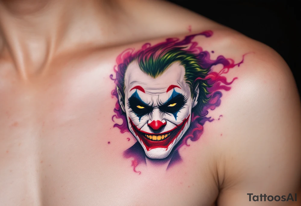 Got it! Here’s a more precise, AI-friendly description for a Joker tattoo:

**A close-up portrait of the Joker with a pale white face, bright red smeared lips forming a wide grin, sharp green slicked-back hair, dark black eyeshadow around piercing yellow eyes, wearing a purple suit collar, with swirling purple and red smoke in the background — colors vivid and contrast sharply for a dramatic effect.** tattoo idea