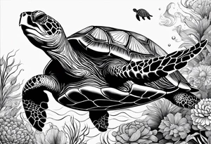 A serene turtle swimming underwater, detailed shell patterns visible, symbolizing patience and longevity.” tattoo idea