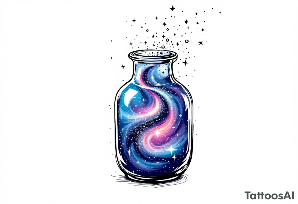 A glass jug filled with a swirling galaxy, with vibrant blues, purples, and silver stardust pouring out like cosmic energy. tattoo idea