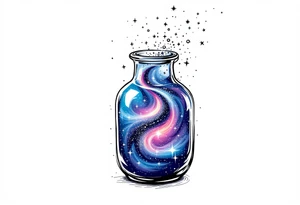 A glass jug filled with a swirling galaxy, with vibrant blues, purples, and silver stardust pouring out like cosmic energy. tattoo idea