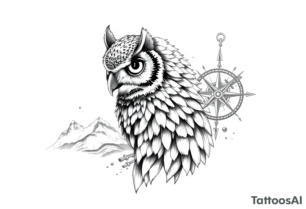 an owl,a compass,landscape. tattoo idea
