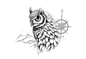 an owl,a compass,landscape. tattoo idea