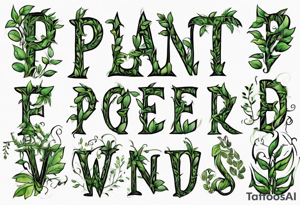 Words “Plant Powered” spelled out with plants and vines through out the words tattoo idea