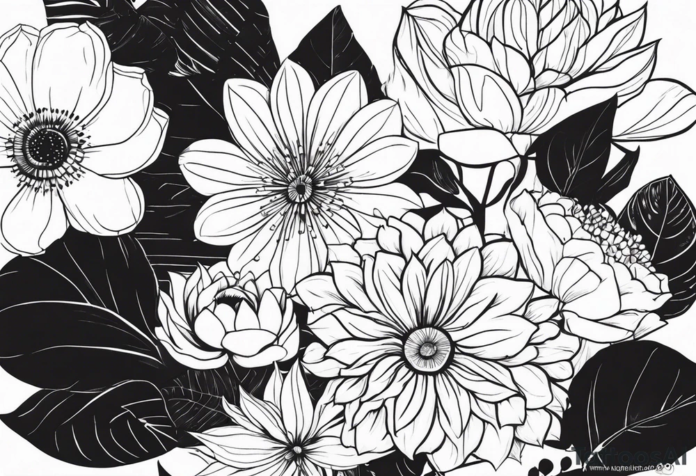 Nimna (May), Ramya (October), Dhanapala(December), Ishara (August)
create the flower bouquet with my family names and birth months tattoo idea
