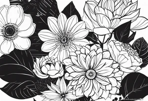 Nimna (May), Ramya (October), Dhanapala(December), Ishara (August)
create the flower bouquet with my family names and birth months tattoo idea