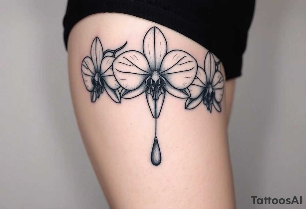 Draw of three fine line orchids different size realistic, the central part resembles a vagina. Are connected with branches that appears drops tattoo idea