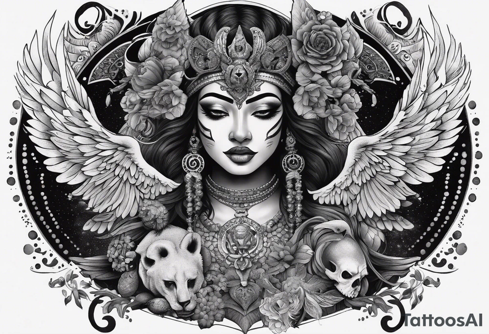 black kali, goddess pirate, alien, angel, pachamama, valkrye, warrior, flying, skull, lotus azul, wing, eagle, zenza resonance, stars, 5D, anahata chakra, death, durga, riding on a tiger, flying lady, kundalini, chest tatoo, samuri, rebel, serpent tattoo idea