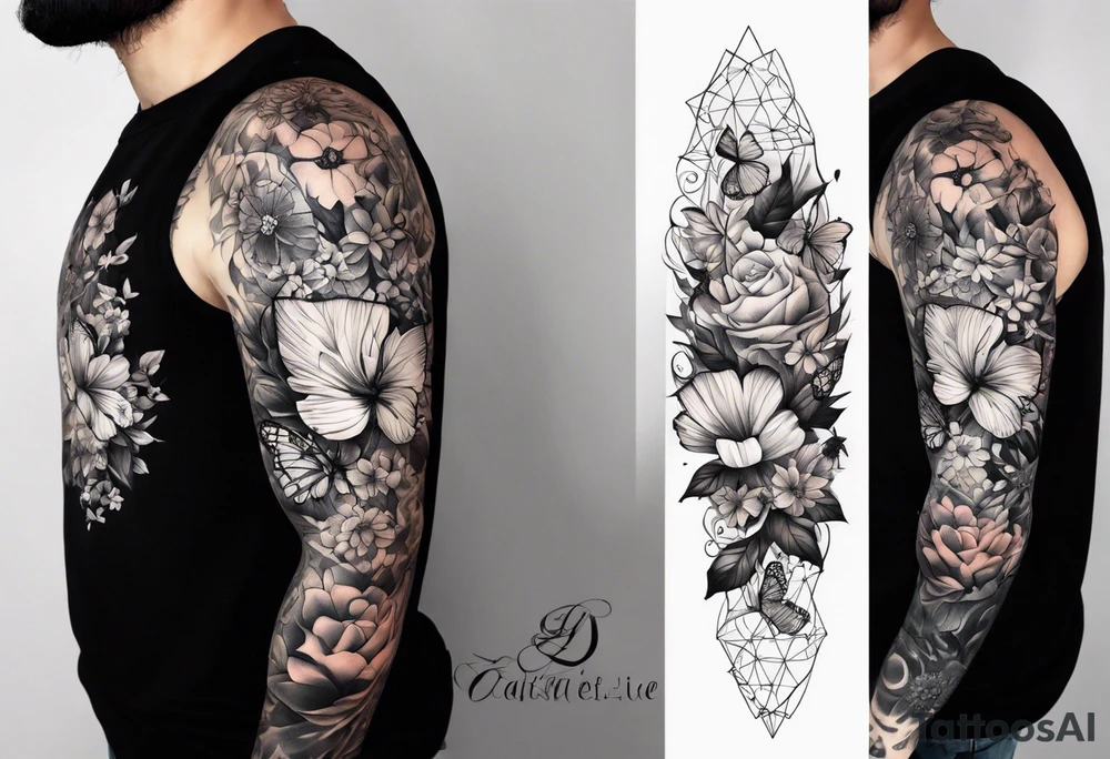 Life to death sleeve with butterflies and flowers tattoo idea