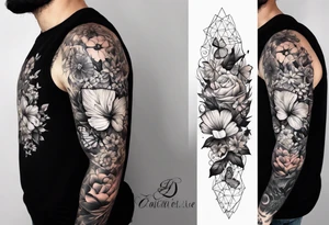 Life to death sleeve with butterflies and flowers tattoo idea