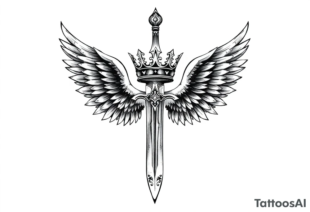 A sword with wings on the handle and a crown over the sword tattoo idea