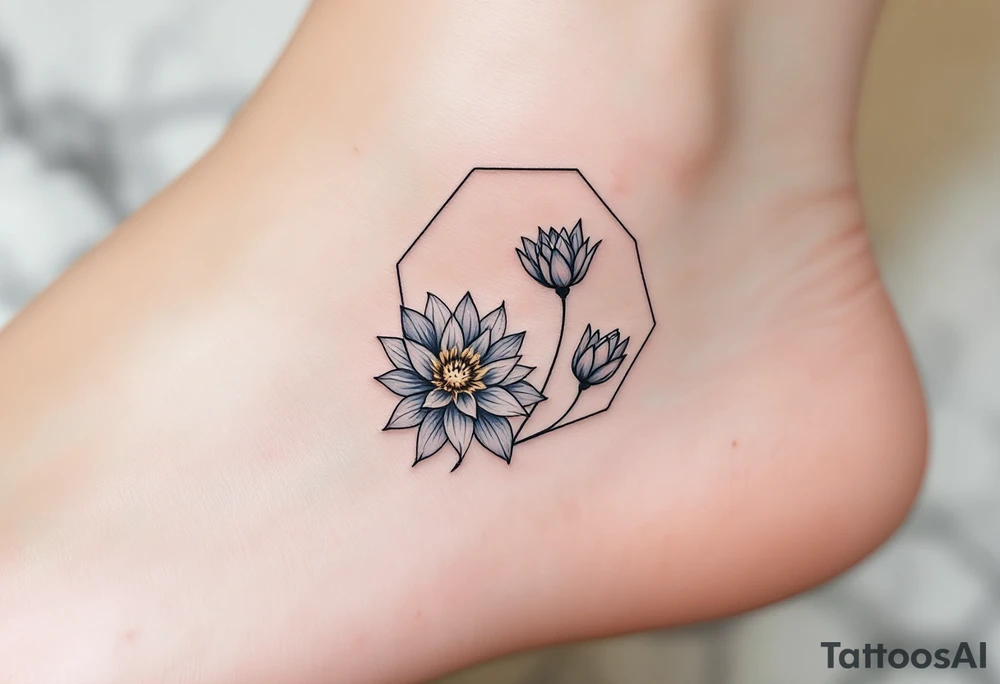 Leo, larkspur and water lily surrounded by a hexagon tattoo idea
