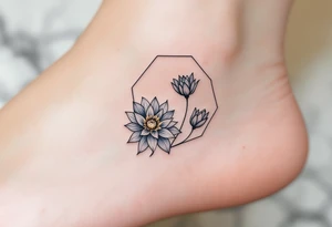 Leo, larkspur and water lily surrounded by a hexagon tattoo idea