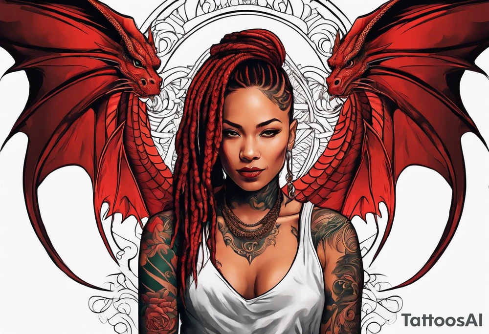 Red dragon behind woman with dreadlocks tattoo idea