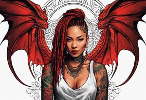 Red dragon behind woman with dreadlocks tattoo idea