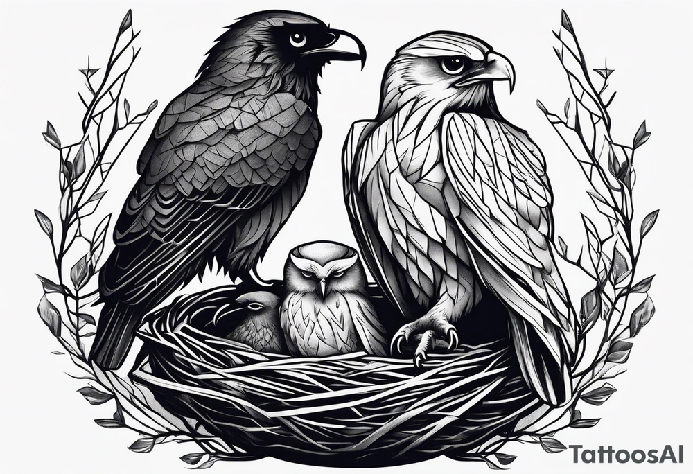 Owl, raven, eagle cuddled in a nest, birdseye view tattoo idea