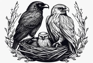 Owl, raven, eagle cuddled in a nest, birdseye view tattoo idea