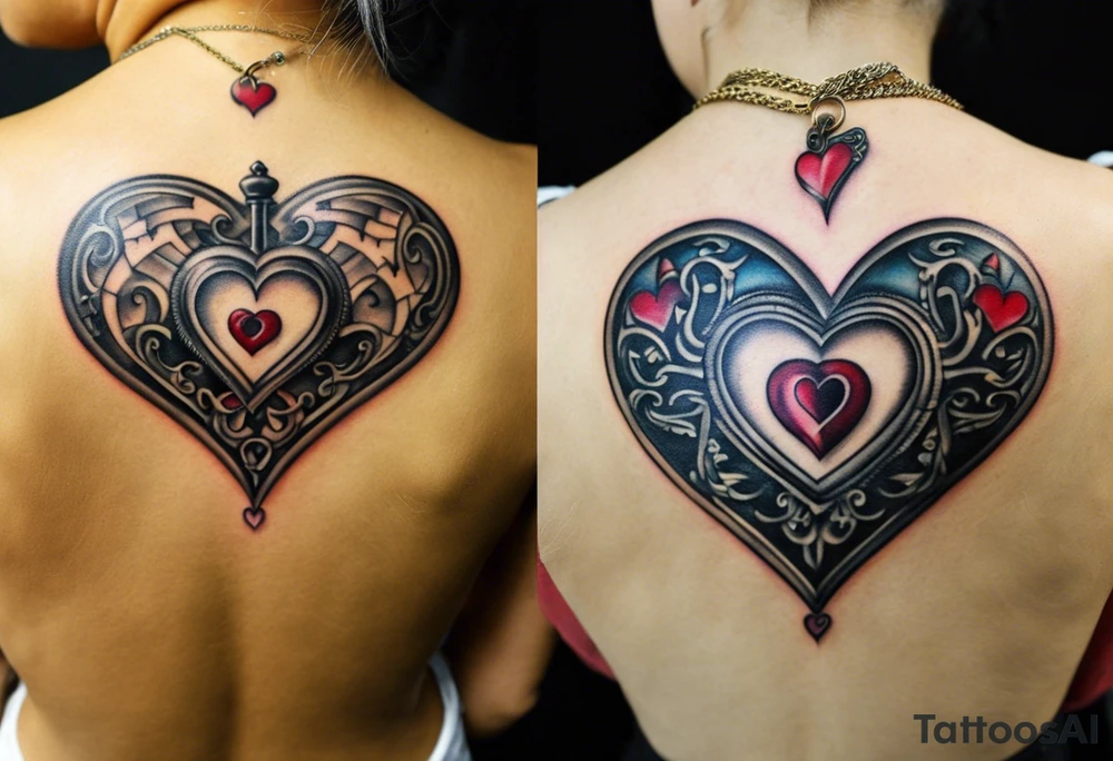 couple tattoo: the girls tattoo will be a heart shaped locket. the year 1999 should be on the front. also include the king of hearts in the details or as a playing card behind the locket. the males tattoo is a heart shaped skeleton key with the year 2016 on it. in the design he wants the queen of hearts on it or as the queen of hearts playing card behind the key. both should appear to be antique. tattoo idea