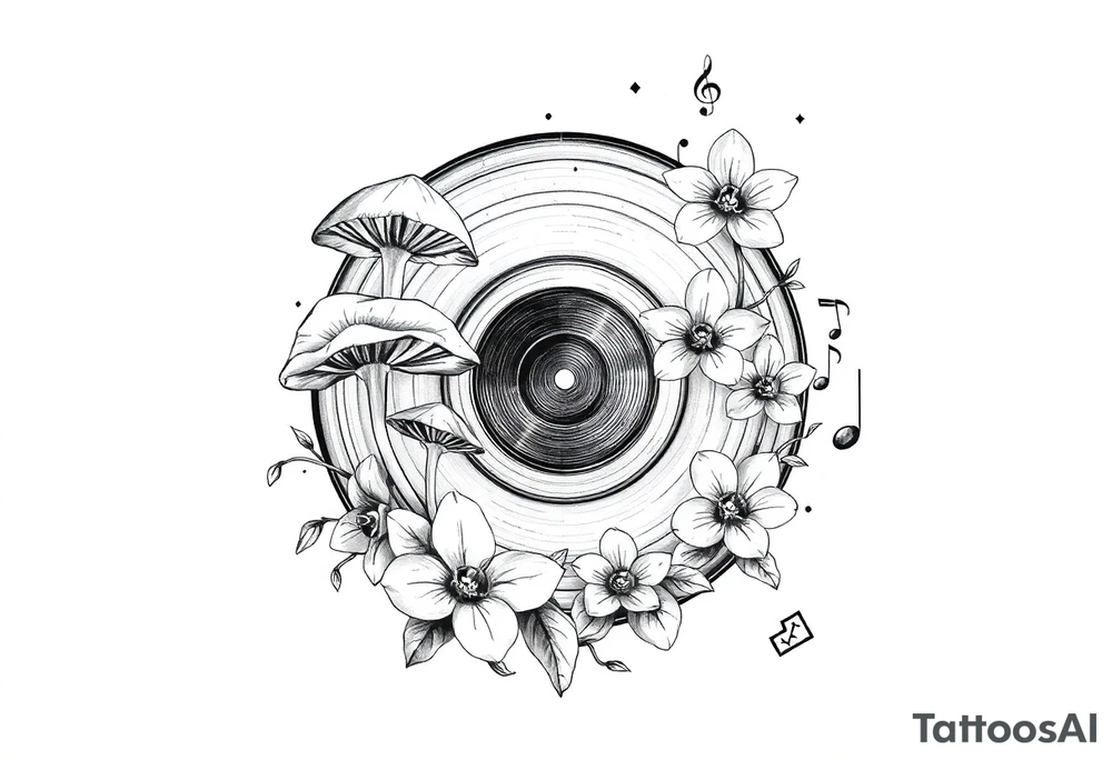 one vinyl record with mushrooms, orchids, and music notes around it tattoo idea