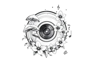 one vinyl record with mushrooms, orchids, and music notes around it tattoo idea