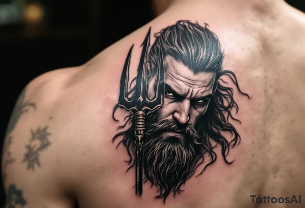 fit poseidon, behind a trident, looking at his nose tattoo idea