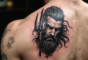 fit poseidon, behind a trident, looking at his nose tattoo idea
