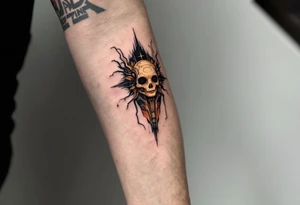 A fusion design of organic veins and robotic elements in jet black and bronze, blending with skin through shadowed transitions. tattoo idea