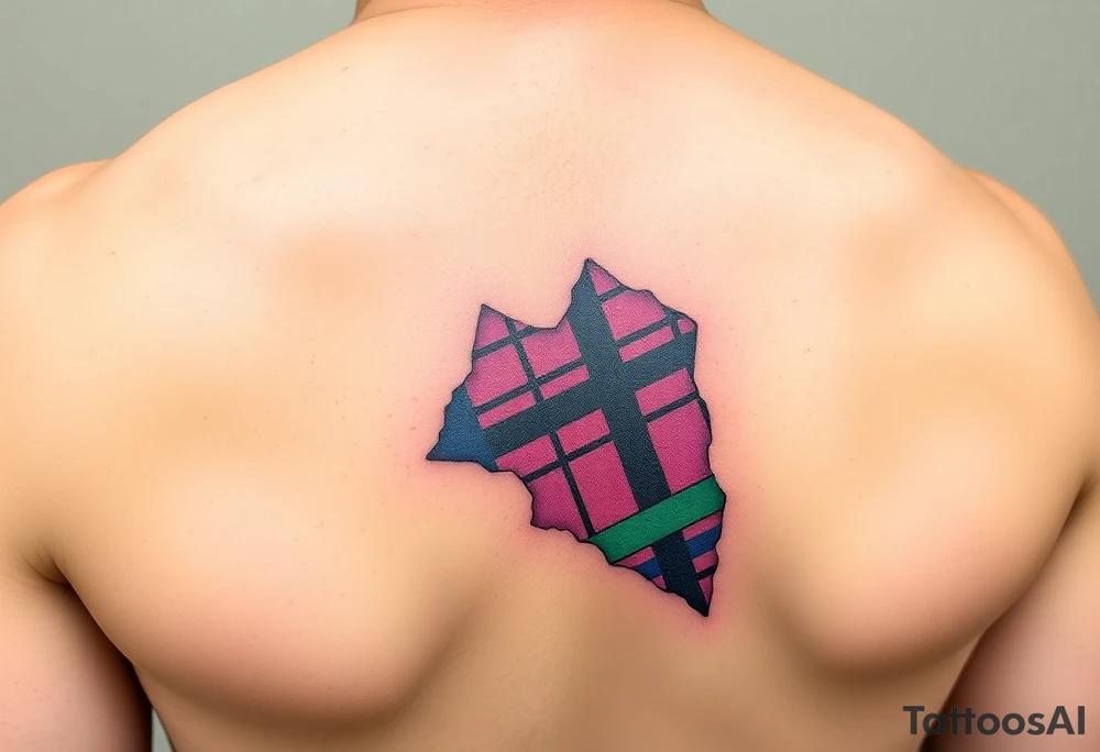 Side of arm Dark Purple with green pink blue and white highlights tartan fabric with flesh peeling away at edges tattoo idea