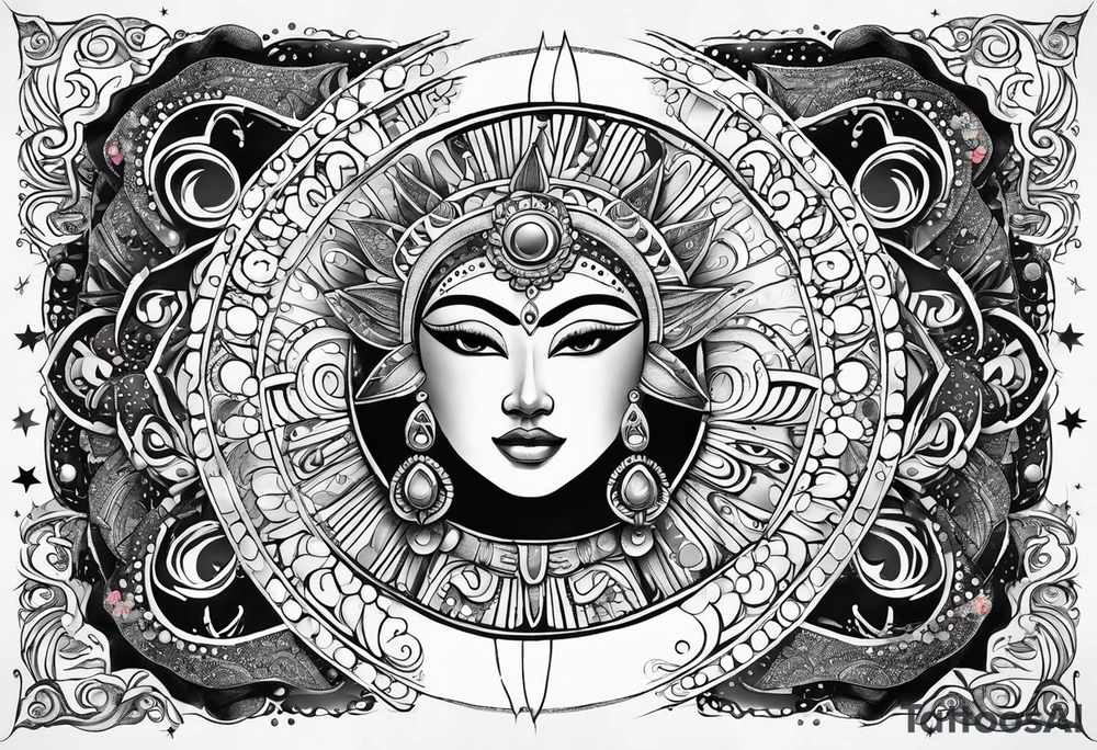 Mexican feminine alien Sun and moon. Freeform rectangular sternum swirls with dots and stars tattoo idea