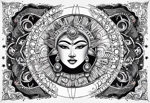 Mexican feminine alien Sun and moon. Freeform rectangular sternum swirls with dots and stars tattoo idea