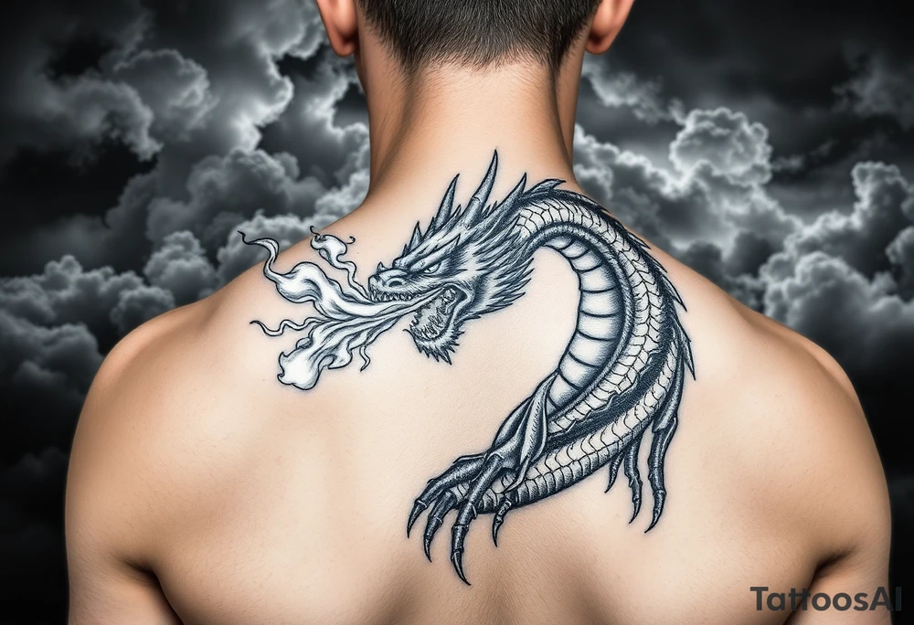 fierce dragon breathing iridescent fire against stormy skies tattoo idea