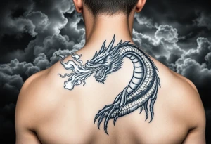 fierce dragon breathing iridescent fire against stormy skies tattoo idea