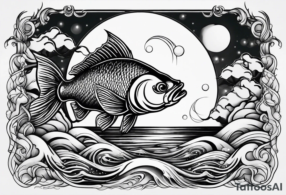 Fish with water ripples and moon tattoo idea