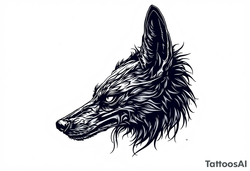 a creature that looks strongly like a combination of Anubis, and a black hound, with the tall pointy ears of a jackal, looking back, serious and daring tattoo idea