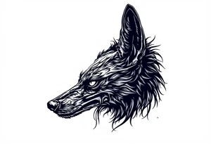 a creature that looks strongly like a combination of Anubis, and a black hound, with the tall pointy ears of a jackal, looking back, serious and daring tattoo idea