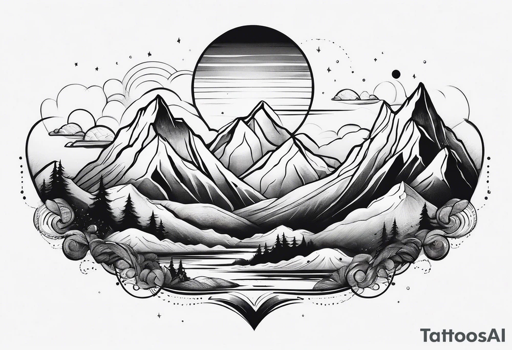 Mountains and planets in a line tattoo idea