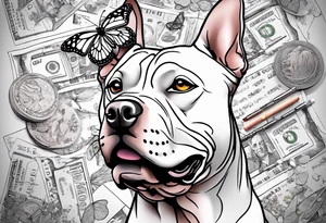 american staffordshire with a butterfly, with pills, drugs, euro bank notes and currency, bank cheques, police, walkietalkies tattoo idea